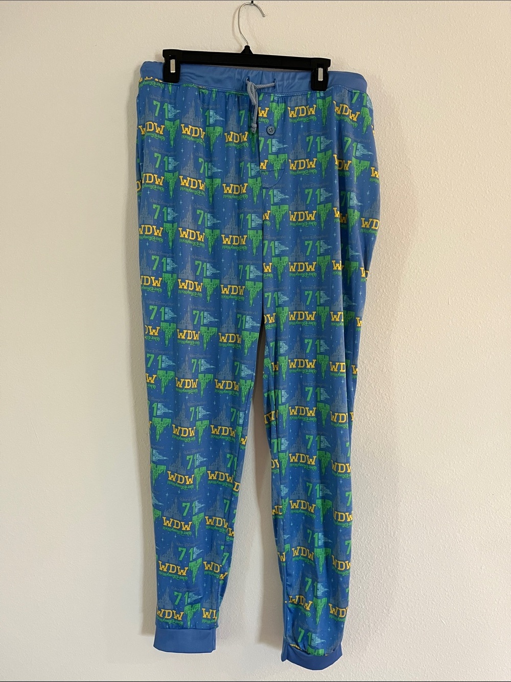 Disney Blue Pajama Pants with Green & Yellow WDW Print
